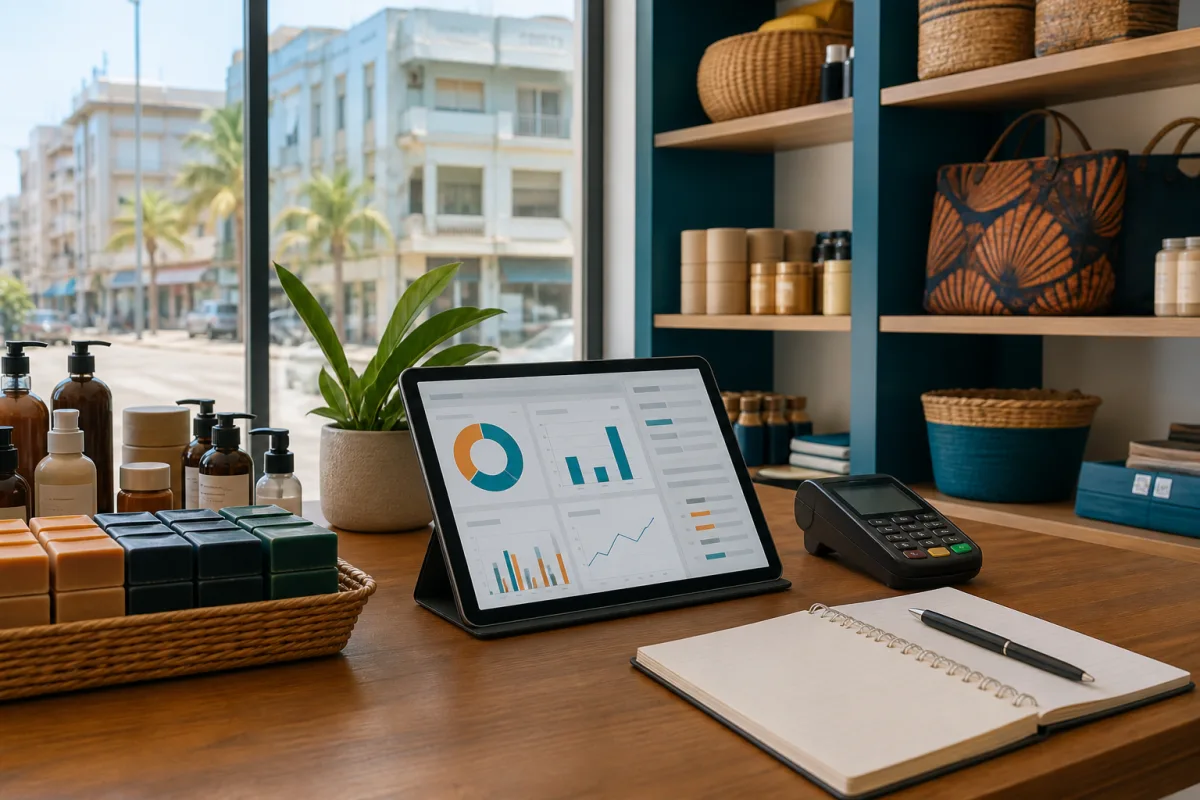 Espace de gestion d’une boutique contemporaine à Cotonou avec tablette et terminal de paiement