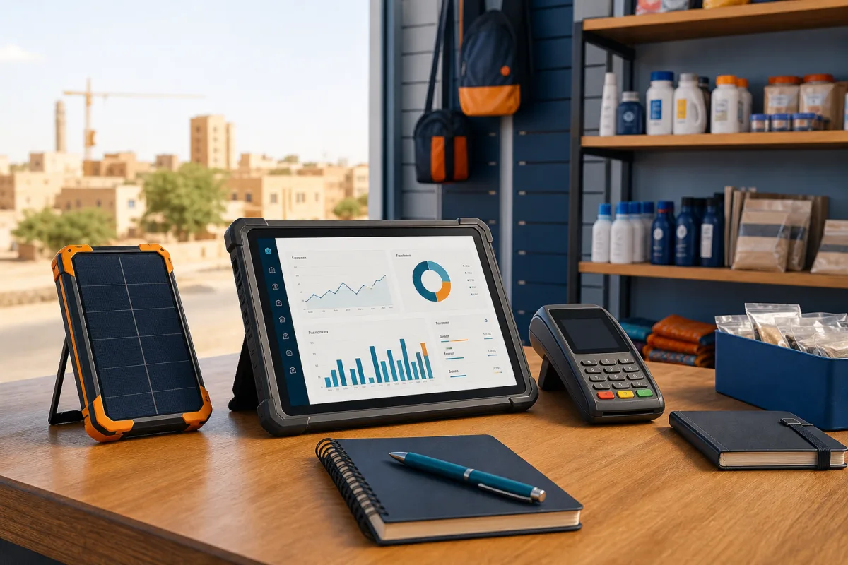 Espace commercial à Niamey équipé d’une tablette et d’un chargeur solaire