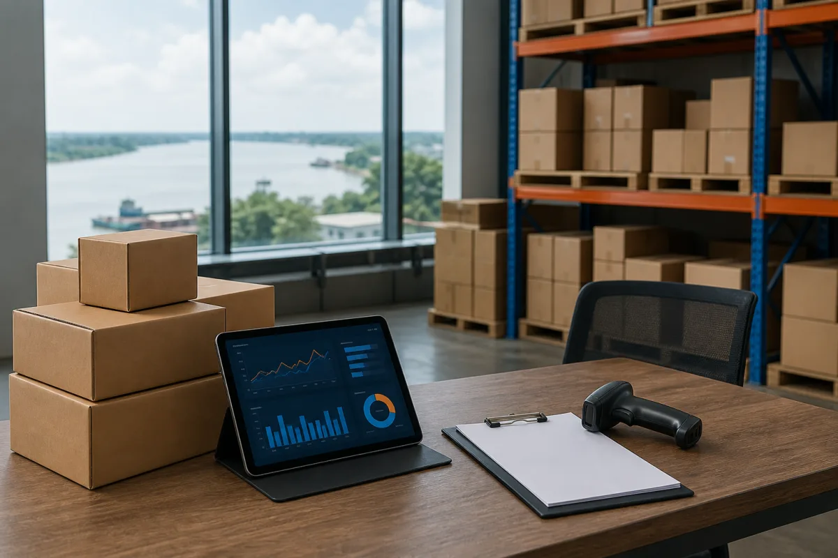 Espace logistique à Kinshasa avec suivi numérique des stocks et vue sur le fleuve Congo